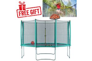 14ft Trampoline with Safety Enclosure - Free Basketball & Water Mister - Green