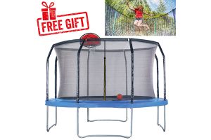 Air League 12ft Trampoline with Safety Enclosure - Free Basketball & Water Mister - Blue